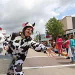 Frances Skora, dressed as a cow, throws candy to children during the Dairyfest Parade in downtown Marshfield June 4, 2016.