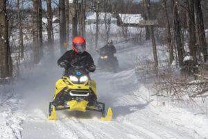 Two people snowmobiling in the woods